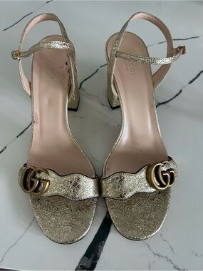 Gucci Gold Metallic Leather Ankle-Strap Block Heel Sandals